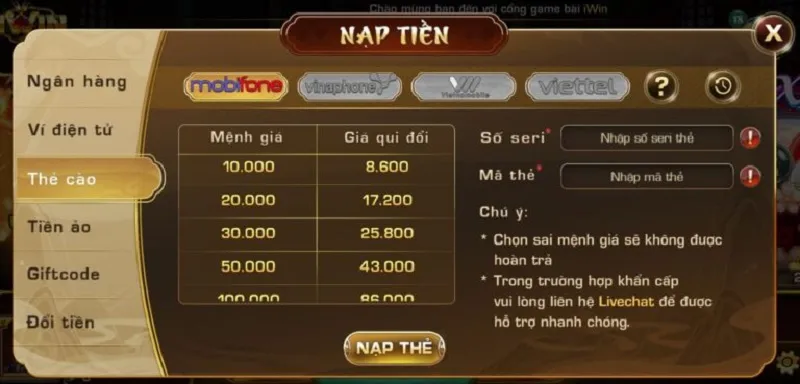 Nạp tiền mạng Mobifone chơi Iwin dễ dàng trong vài bước
