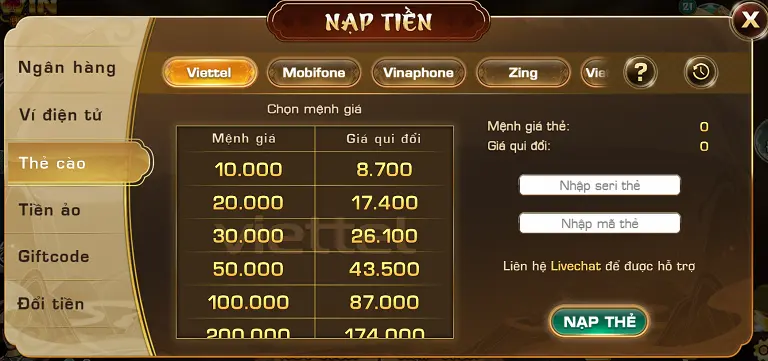 Nạp tiền Iwin bằng thẻ cào
