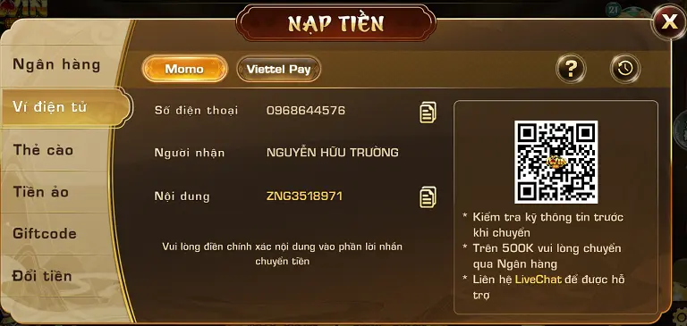 Nạp tiền Iwin bằng ví Momo