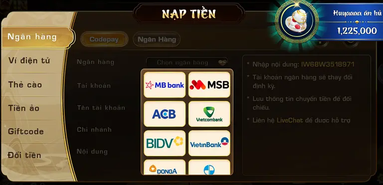 Nạp tiền Iwin qua ngân hàng