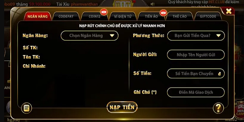 Giao dịch nạp tiền vào tài khoản HitClub