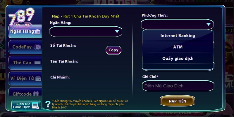 Quy trình giao dịch nạp tiền 789Club