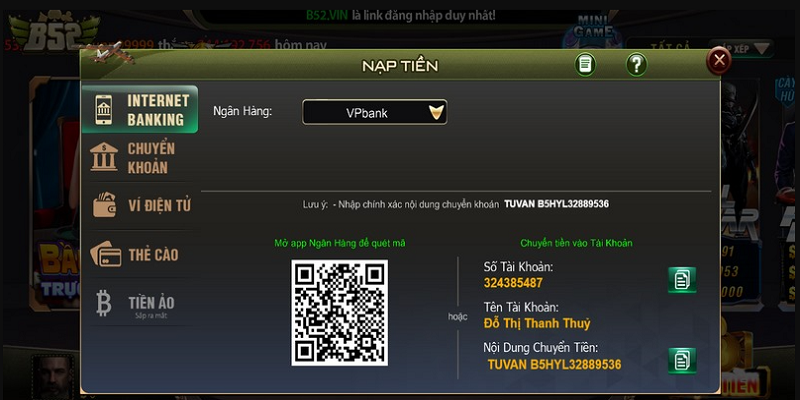 Quy trình thực hiện giao dịch nạp tiền B52Club