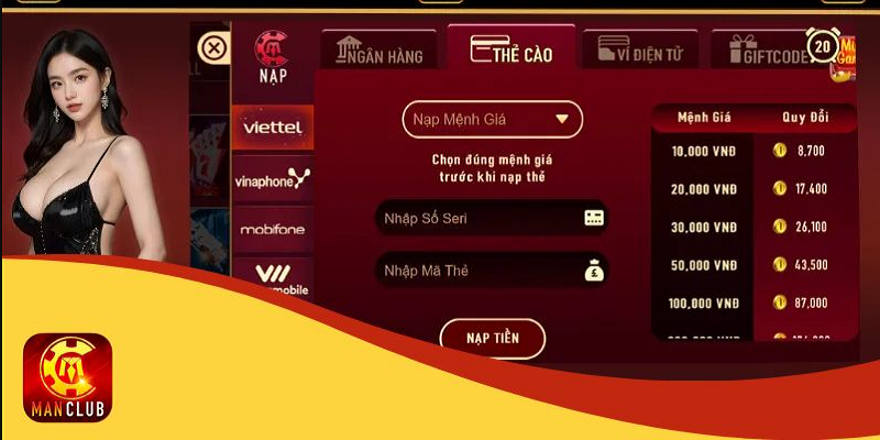 Nạp tiền ManClub đa phương thức, quy trình tối giản