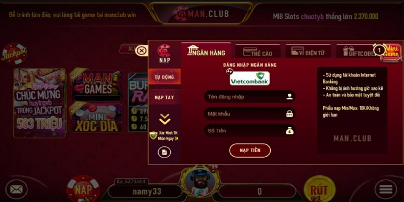 Các phương thức nạp tiền được hỗ trợ tại ManClub